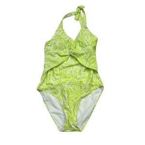 Ellen Tracy Swimsuit Lime Green White Paisley Halter One Piece Size 6 Vacation